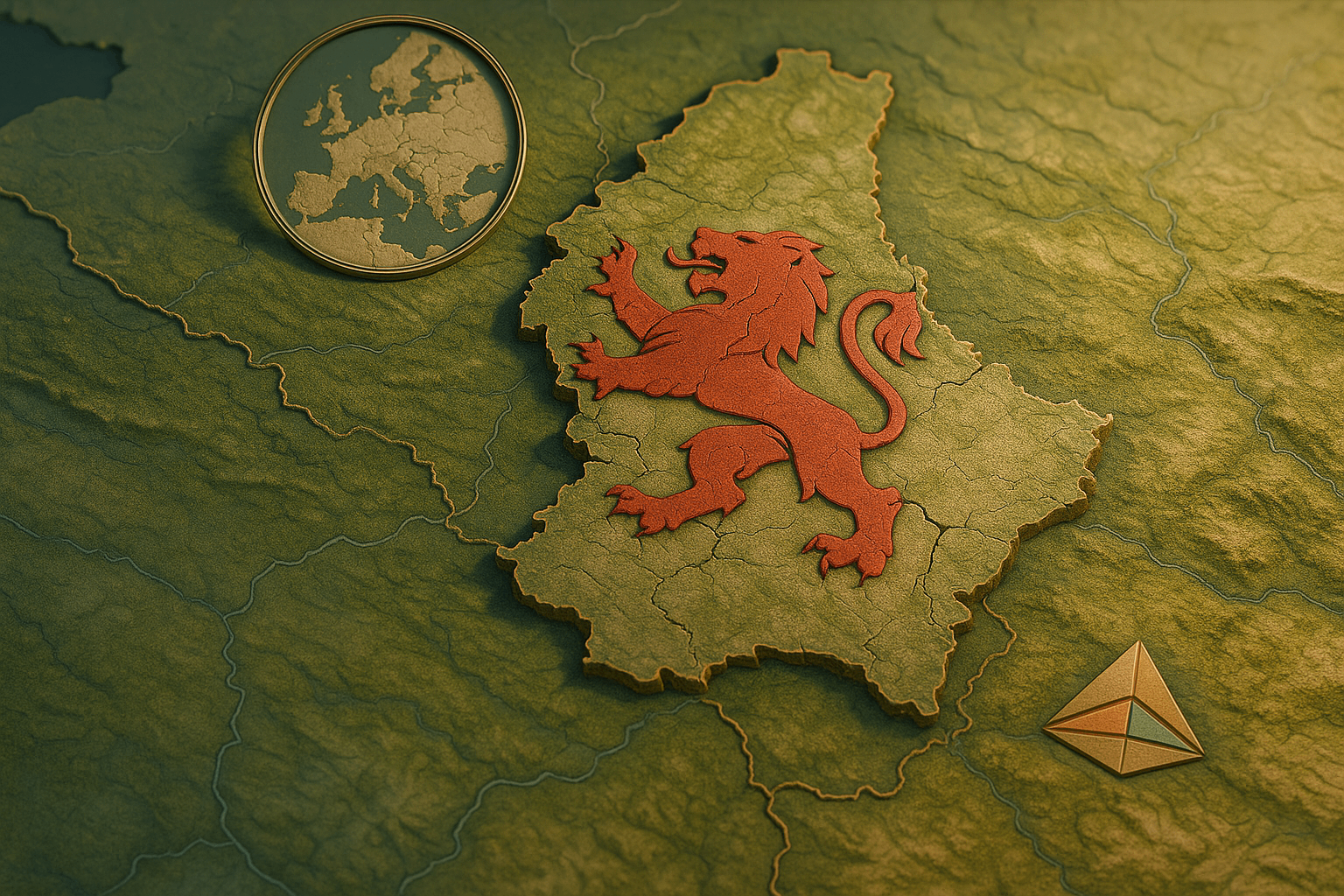 Mappa d&rsquo;Europa con il Lussemburgo evidenziato e l&rsquo;emblema del leone rosso del Granducato.